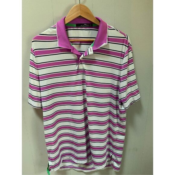 Mens Ralph Lauren LX Stretchy Golf Polo Striped Purple/Navy/White Sz L W/Logo